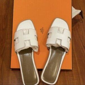 Hermes Oran white H logo leather sandal slides size 39